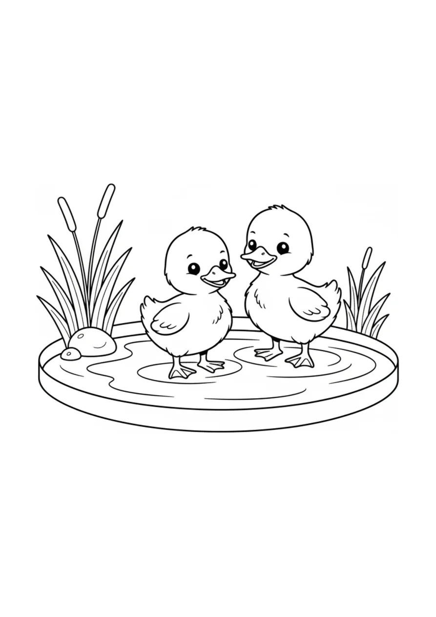 Ilustración para colorear de Patitos junto al estanque.