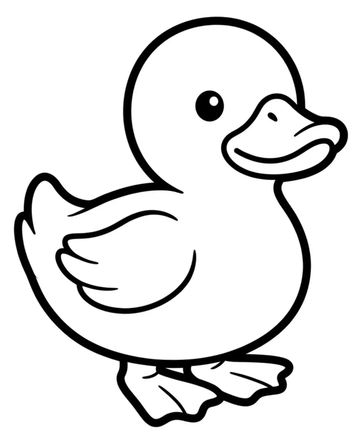 Black-and-white line art of one cute duck centered on a blank white background.
