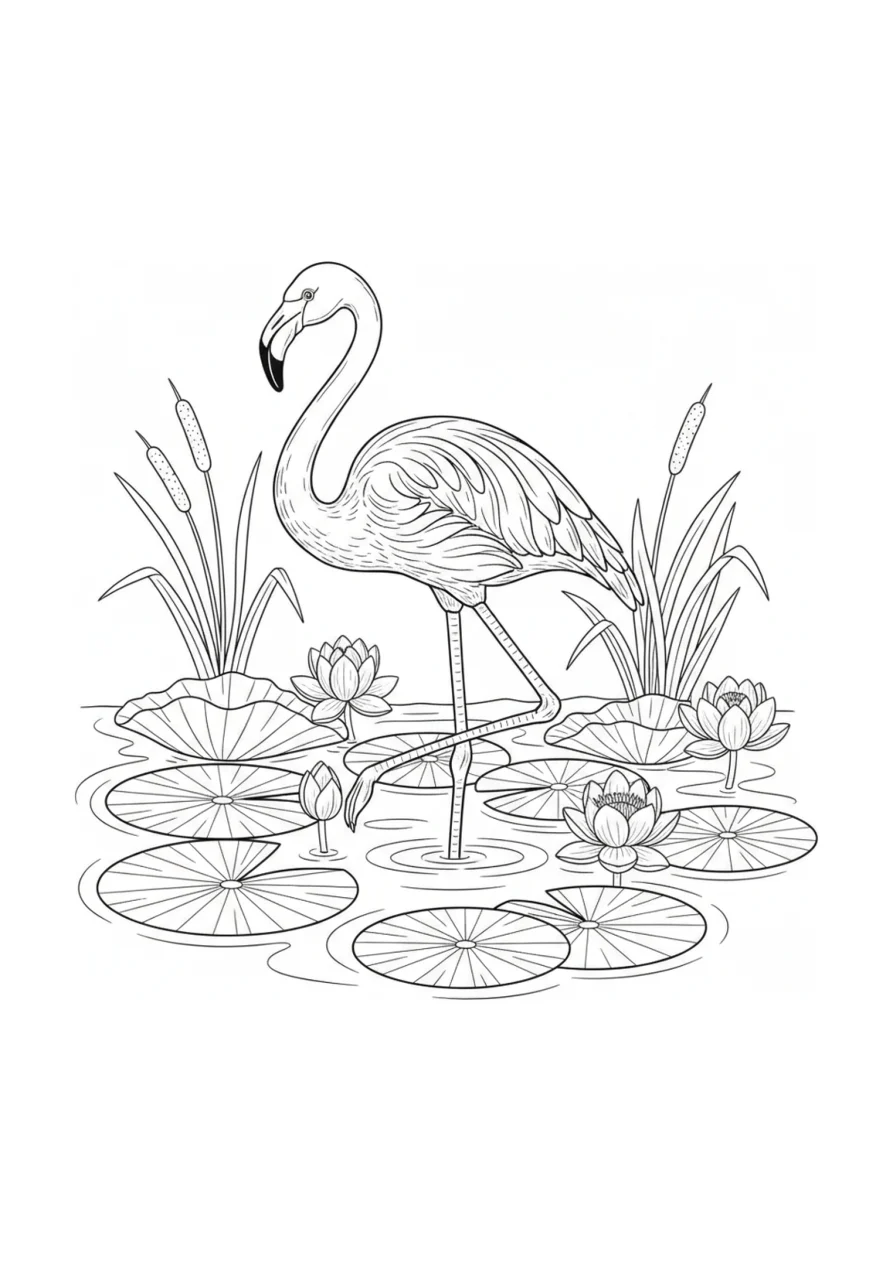 Ausmalbild eines eleganten Flamingos, der auf einem Bein in einem Teich mit Seerosenblättern und Blüten steht
