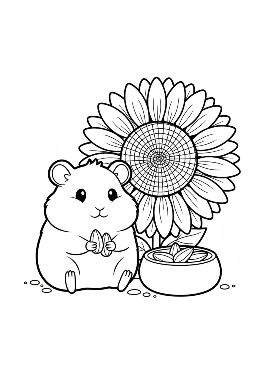 Ausmalbild mit einem rundlichen Hamster, der Sonnenblumenkerne hält, neben einer großen Sonnenblume und einem kleinen Schälchen mit Körnern