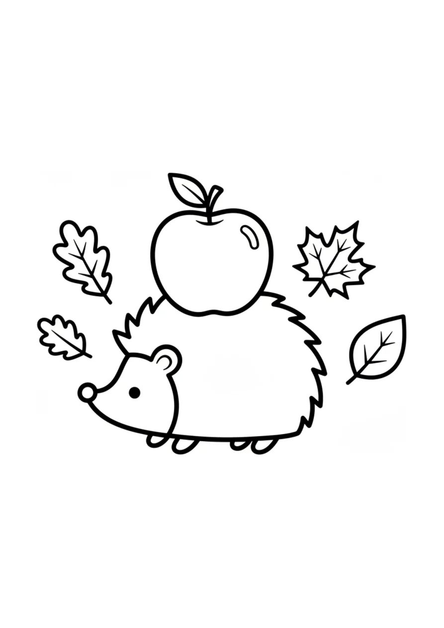 Ausmalbild eines kleinen Igels, der einen Apfel auf dem Rücken trägt, umgeben von fallenden Herbstblättern