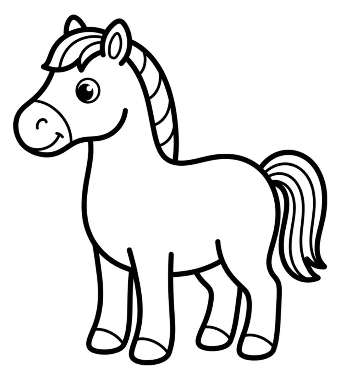 Single friendly horse line drawing centered on a blank white background.