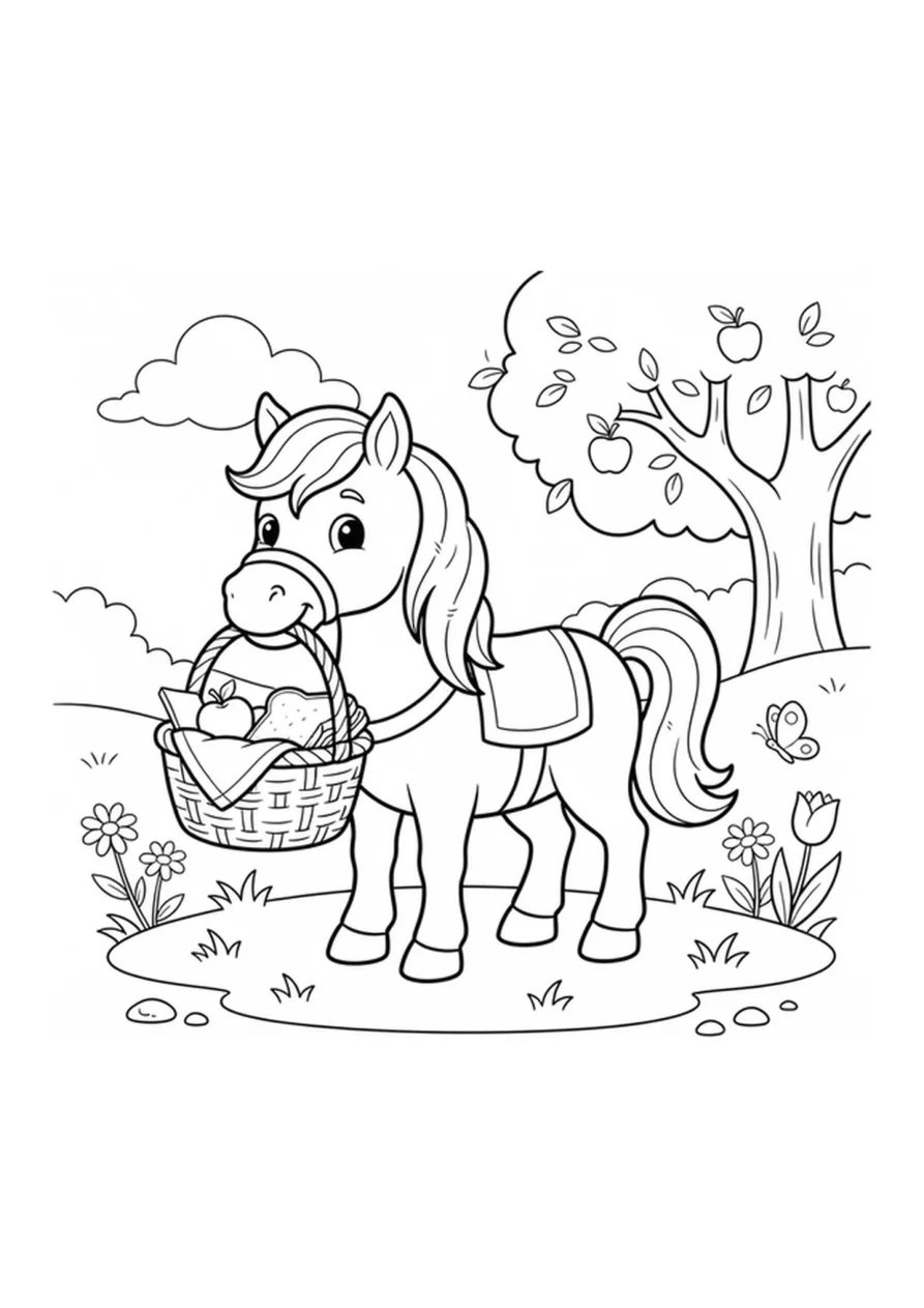 Freundliches Pony mit geflochtenem Körbchen in klaren Linien zum Ausmalen.