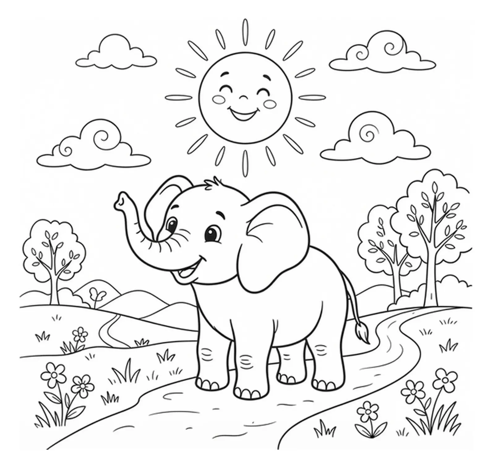 Cute elephant calf standing near a smiling sun in a simple line-art scene.
