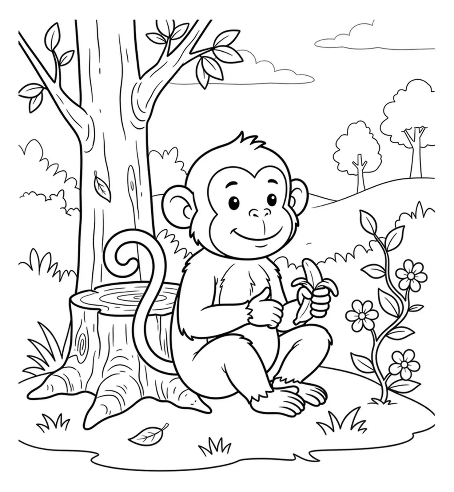 Friendly monkey sitting near a tree stump in a simple line-art coloring page