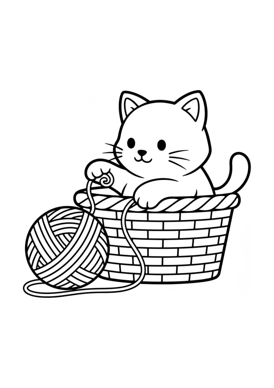 Dessin à colorier d'un petit chaton assis dans un panier en osier, jouant avec une pelote de laine ronde
