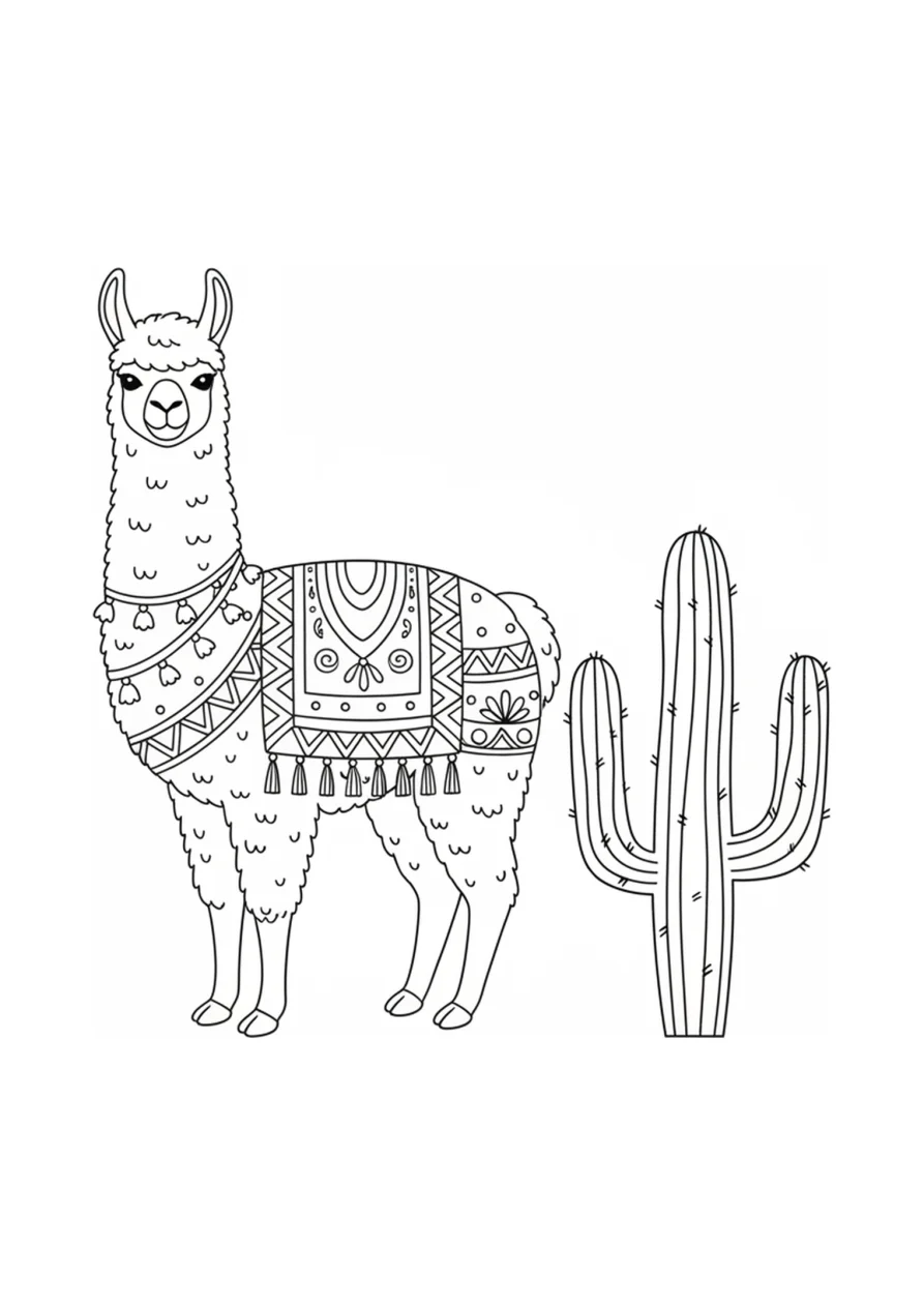 Desenho para colorir de uma lhama gentil com uma manta decorada com padrões geométricos, ao lado de um cacto