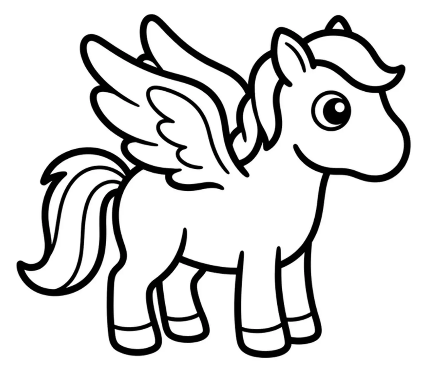 A pegasus standing alone with wings on a blank white background.