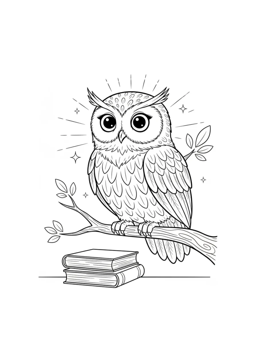 A cartoon owl perched on a tree branch with two closed books resting beneath it, drawn in a simple outline style ready to be colored in.