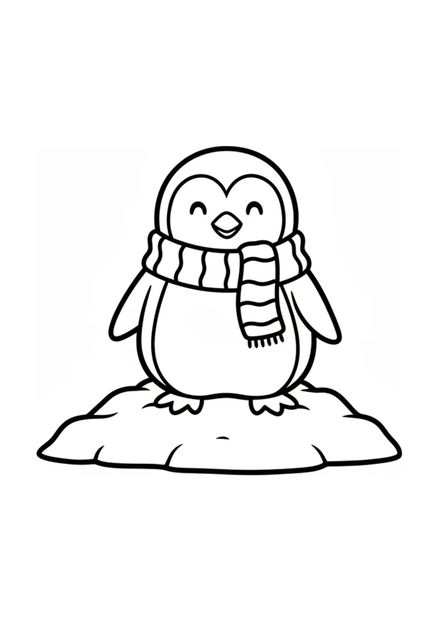A smiling cartoon penguin wearing a striped scarf, standing upright on soft white snow, drawn in simple bold outlines ready to be colored.