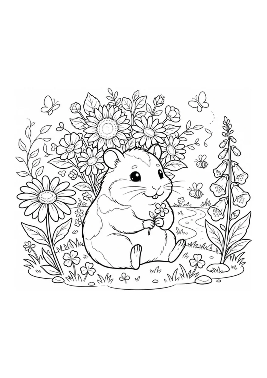 Niedlicher Hamster sitzt zwischen blühenden Blumen in einer einfachen Linienzeichnung