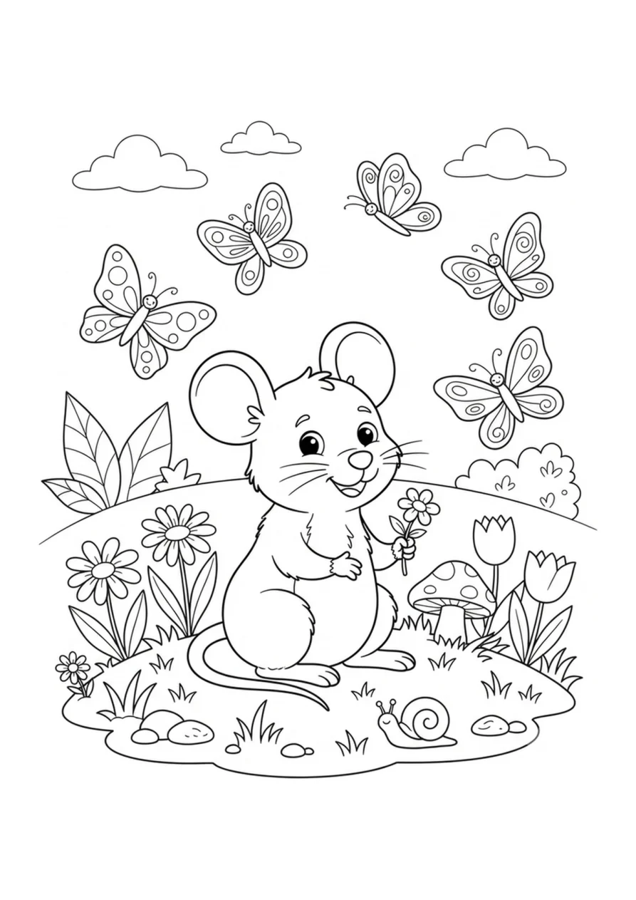 Ratinho sentado com borboletas ao redor em uma cena simples de arte em linhas.