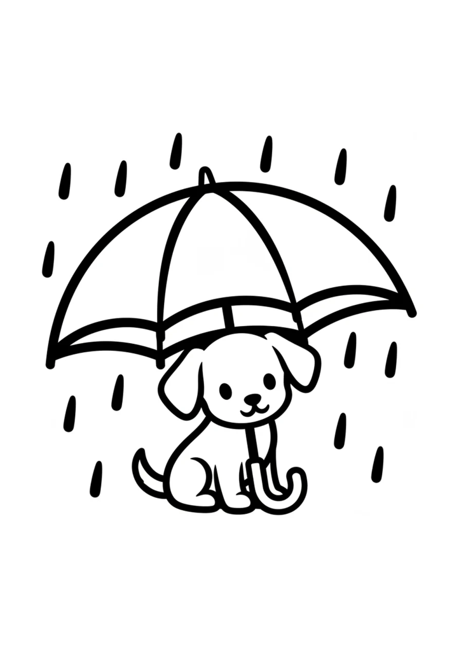 A round-eyed cartoon puppy sitting beneath a large open umbrella while soft raindrops fall around it, outlined in bold lines ready to color