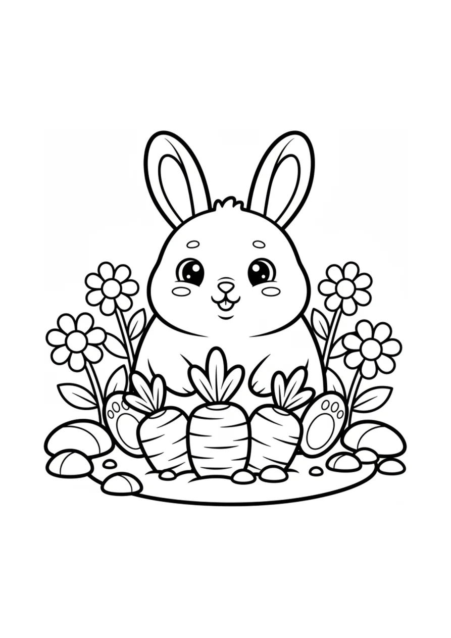 Dibujo para colorear de un conejito sentado en un huerto con tres zanahorias grandes, hojas, flores simples y piedras redondeadas