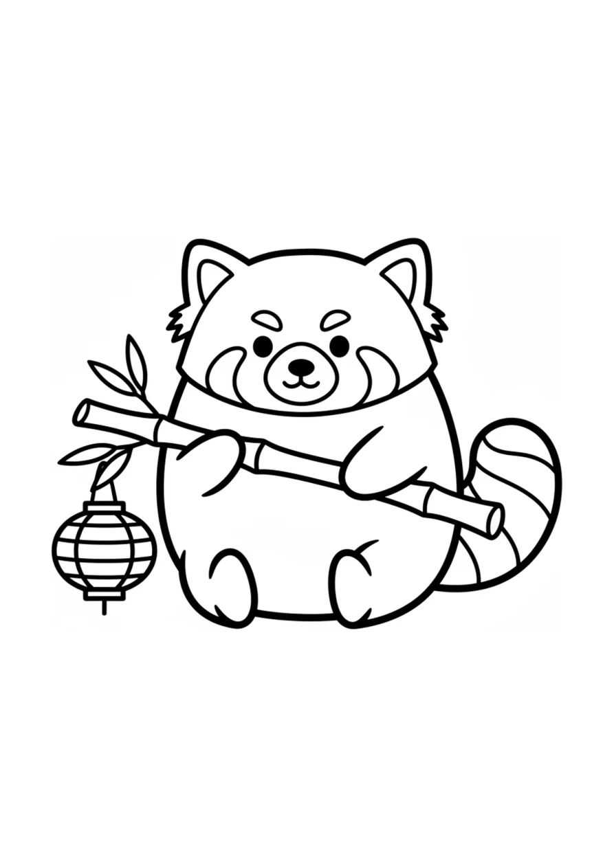 Dessin à colorier d'un panda roux souriant qui tient une branche de bambou, assis à côté d'une petite lanterne ronde