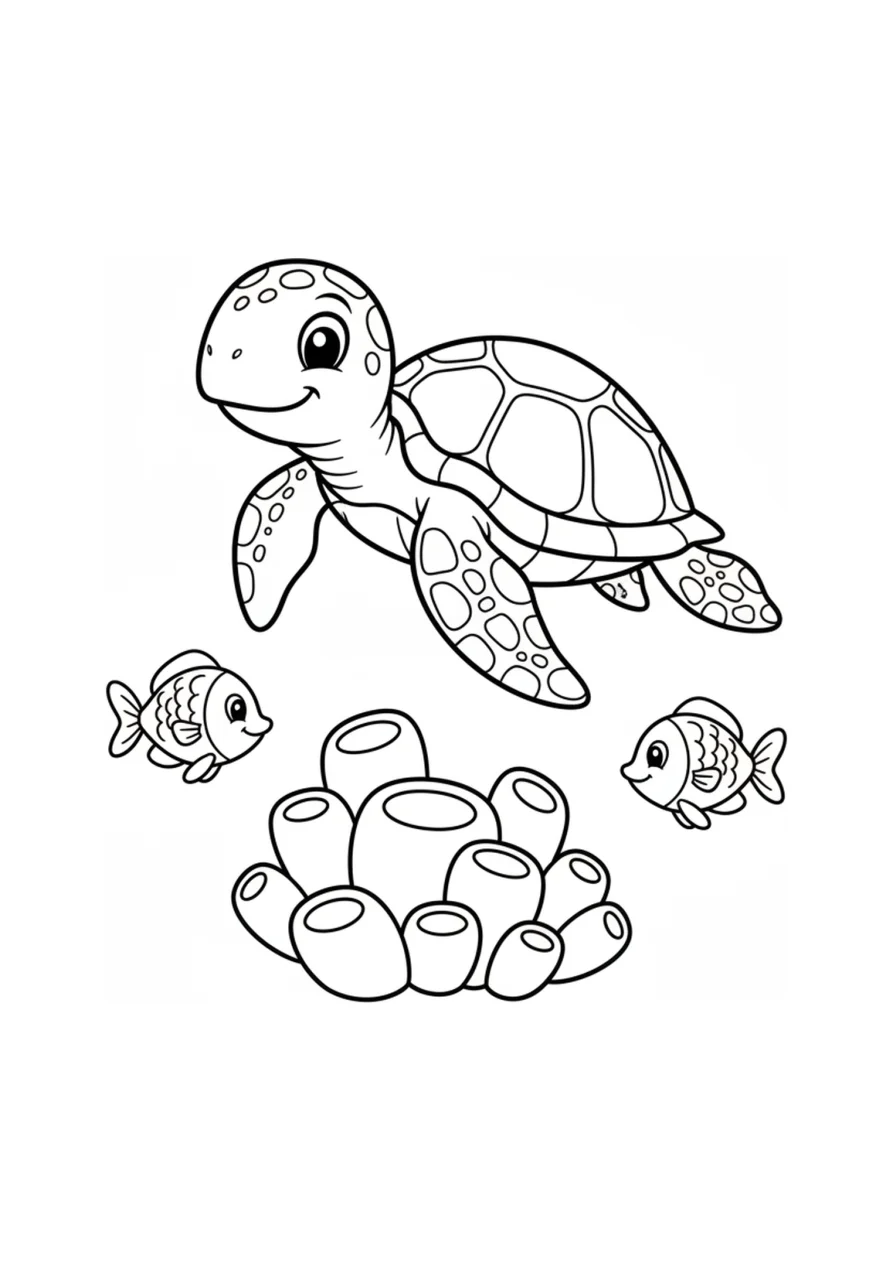 Ausmalbild einer lächelnden Meeresschildkröte, die über einfachen Korallen schwimmt, begleitet von zwei kleinen Fischen