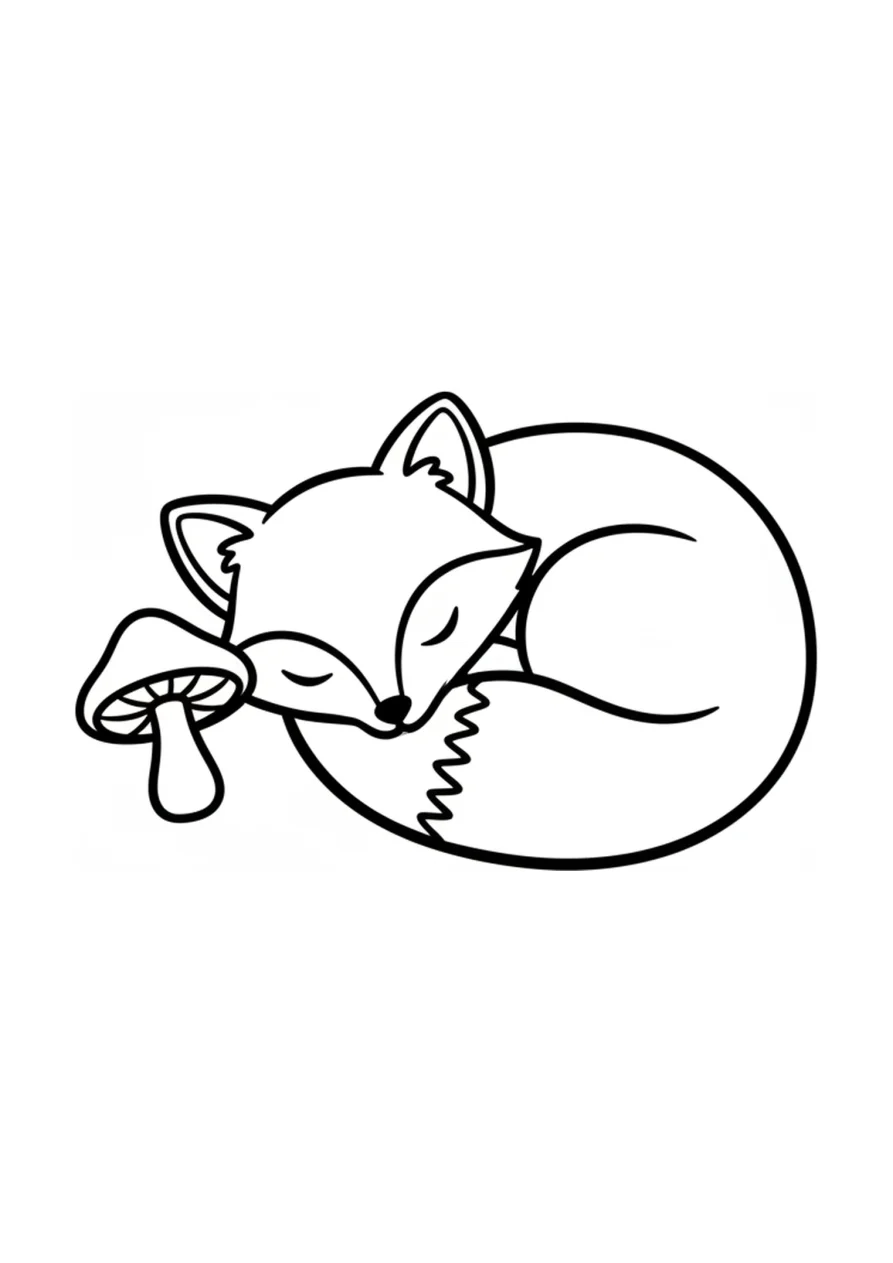 Dibujo para colorear de un zorrito bebé acurrucado y dormido junto a una pequeña seta
