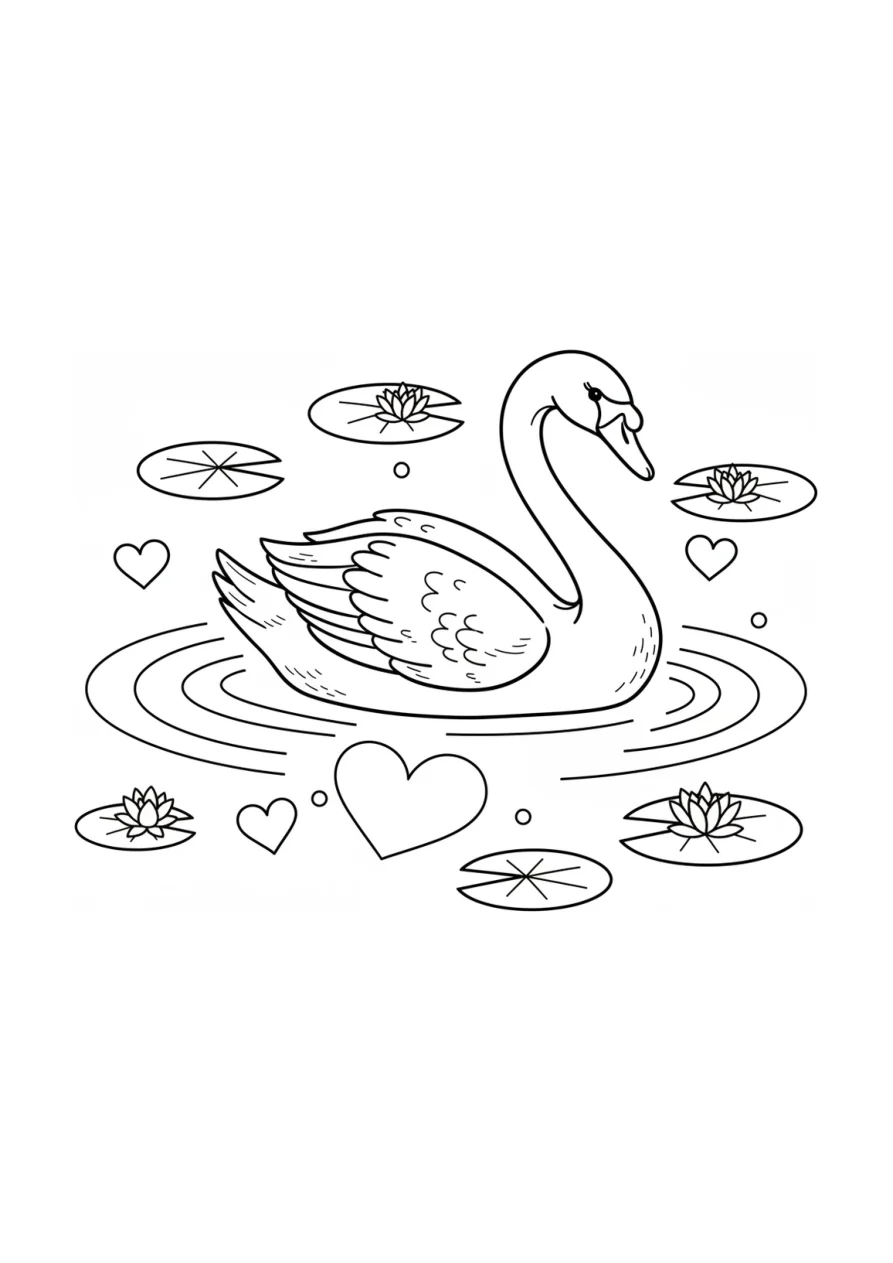 Ein anmutiger Schwan schwimmt auf einem Teich mit Seerosenblättern, herzförmigen Wasserringen und kleinen Blumen, in einfachen Umrisslinien für Kinder gezeichnet.