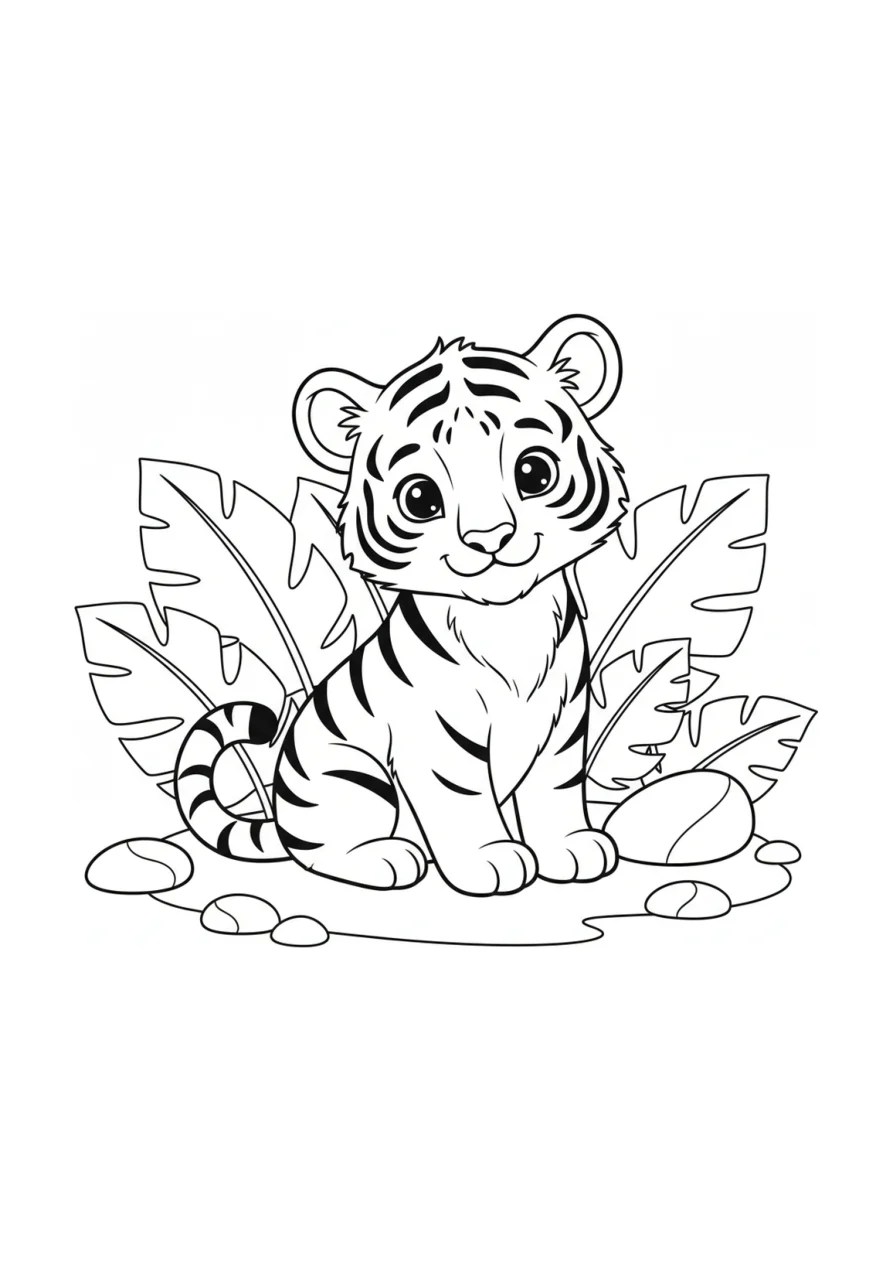 Ausmalbild mit einem lächelnden Tigerbaby, das zwischen großen tropischen Blättern und runden Steinen sitzt, mit kräftigen Streifen und großen Ausmalflächen