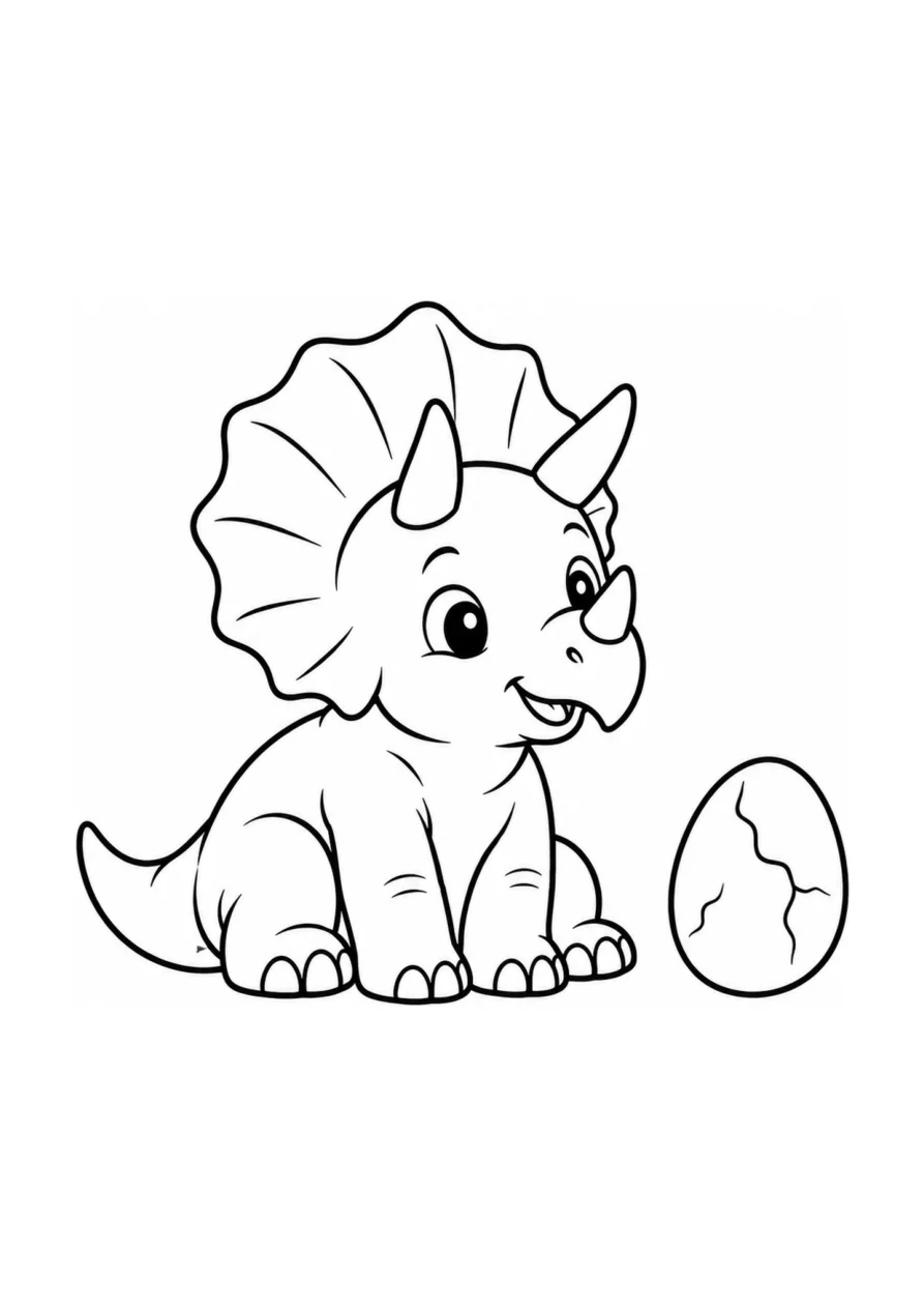 Ein einfaches Ausmalbild mit einem jungen Triceratops und einem Dinosaurier-Ei.