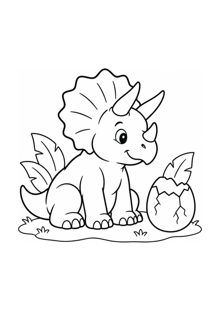 Ein einfaches Ausmalbild mit einem sitzenden Triceratops und einem aufgebrochenen Dinosaurier-Ei.