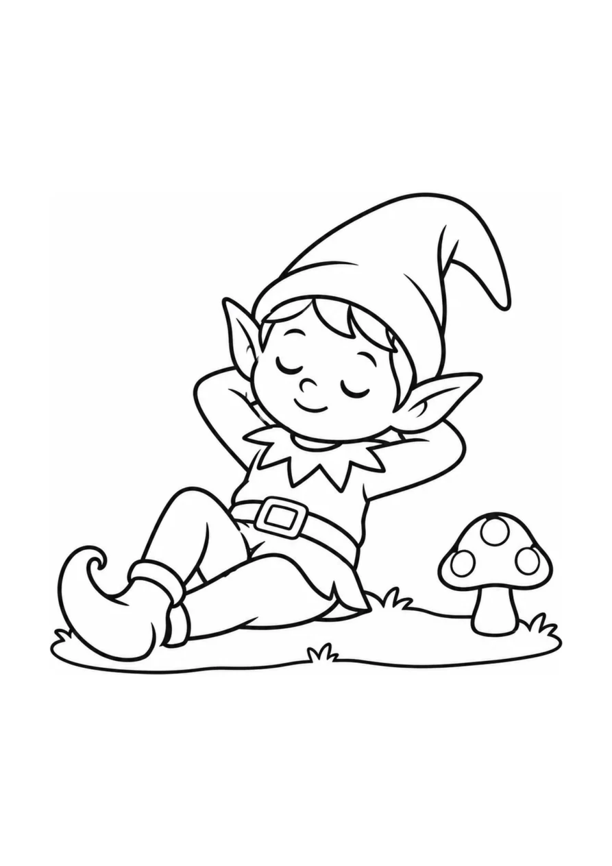 An easy coloring page with one resting elf and one spotted mushroom.
