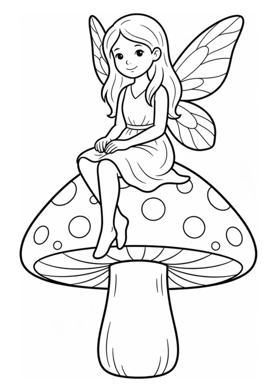 Fée au repos et champignon tacheté, un coloriage facile.