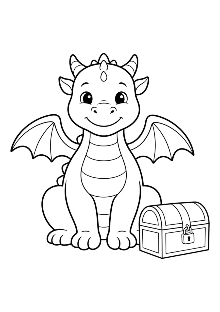 Bebê dragão e baú do tesouro como página para colorir fácil.