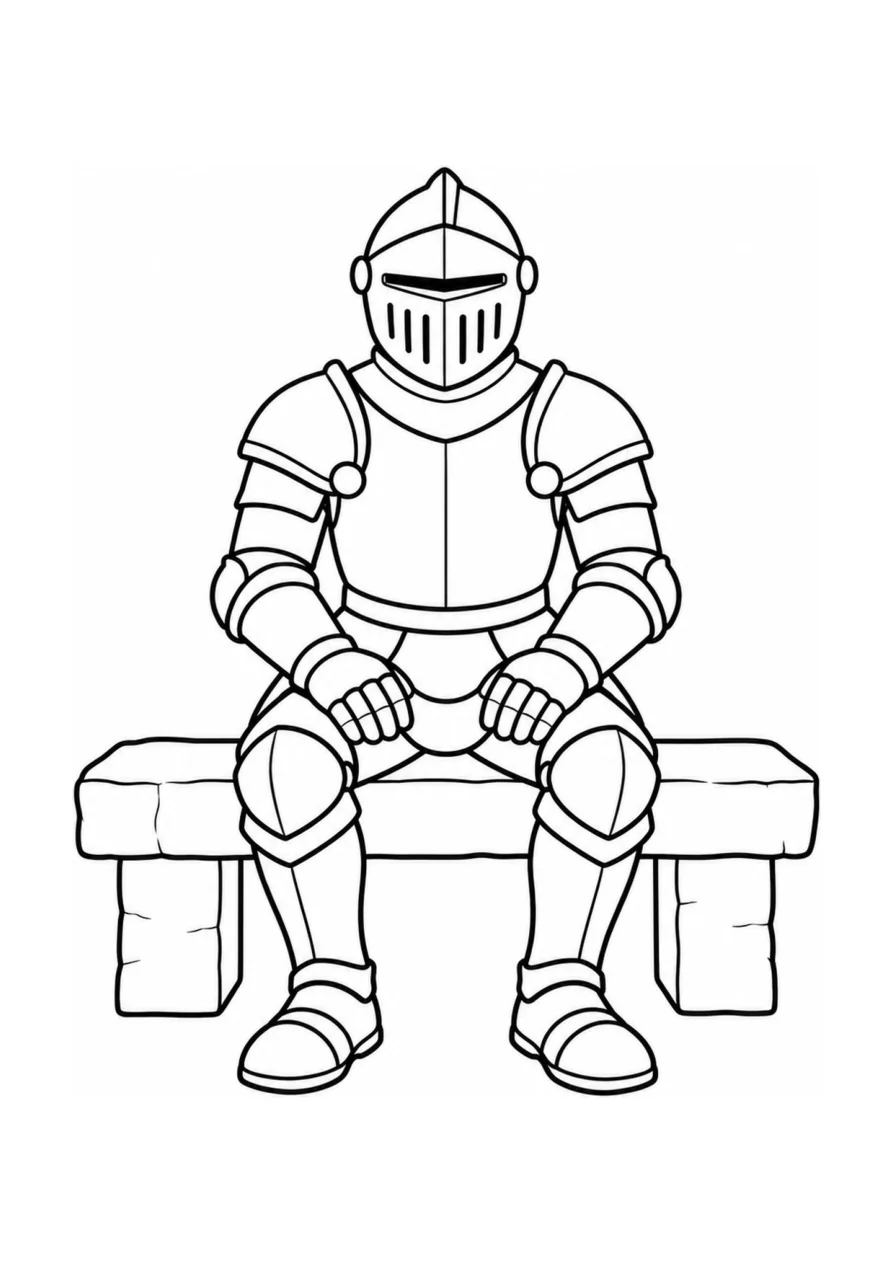 Chevalier blindé et banc bas en pierre, un coloriage facile.