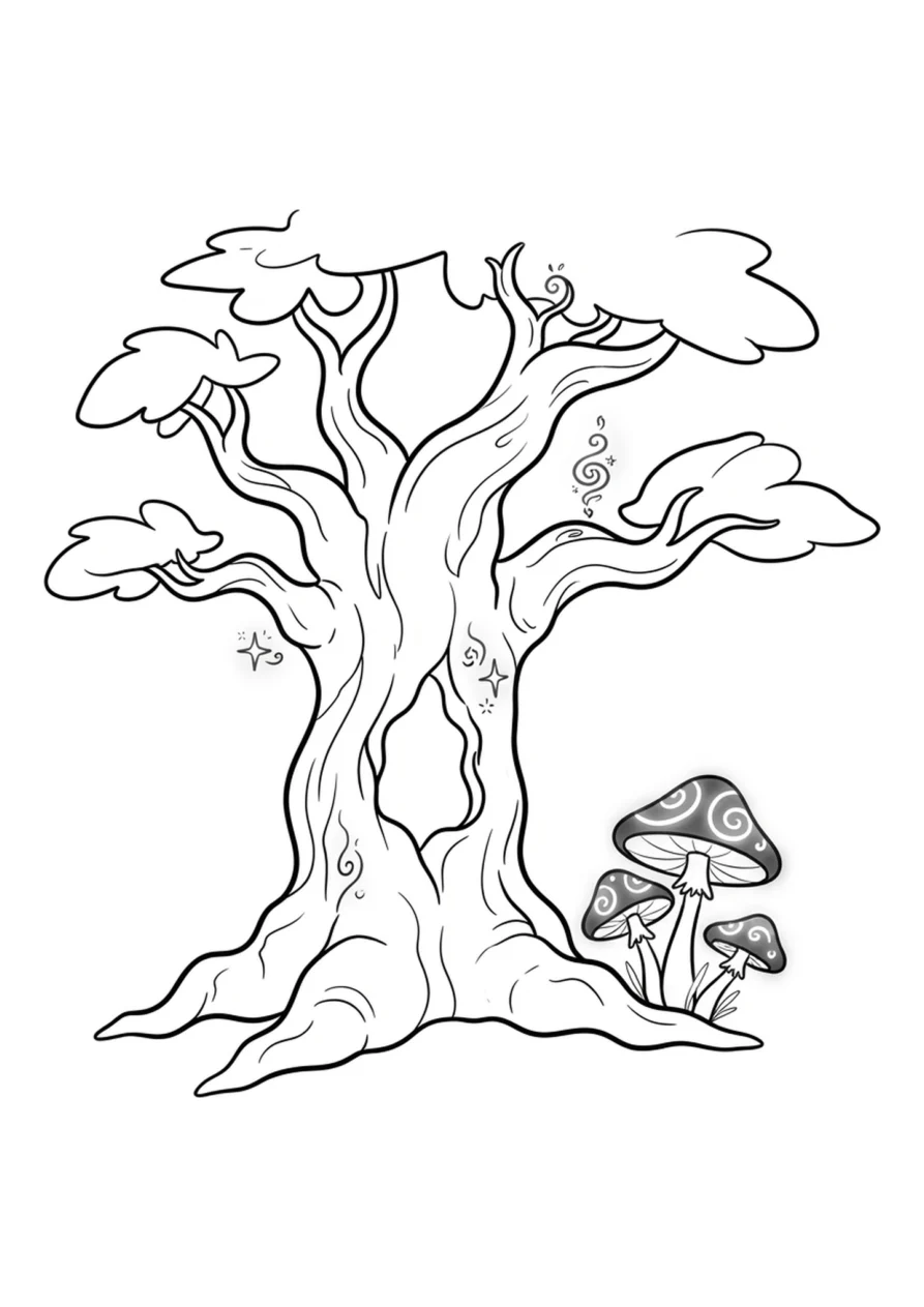 Albero cavo incantato e grappolo di funghi luminosi come disegno da colorare facile.
