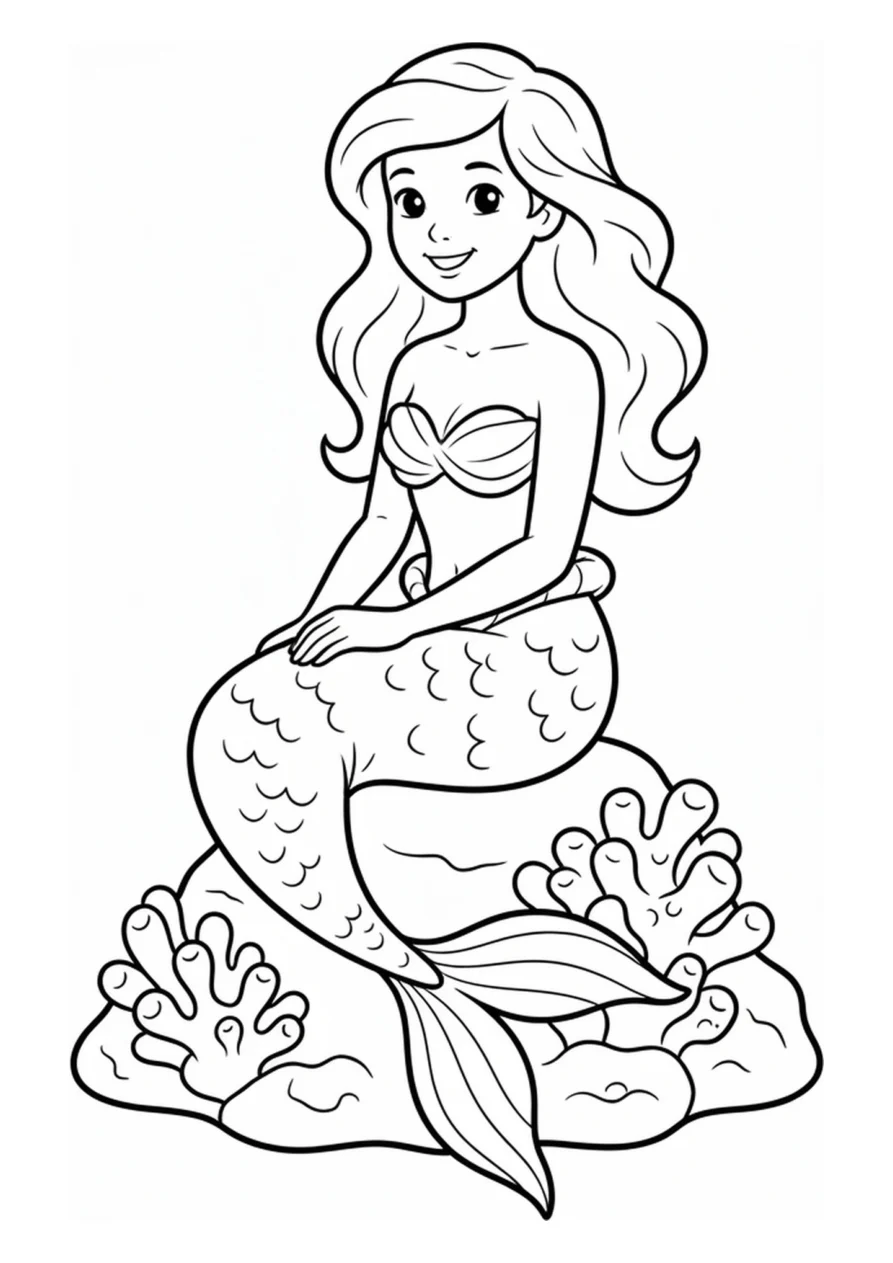 Sirène et roche corail, un coloriage facile.