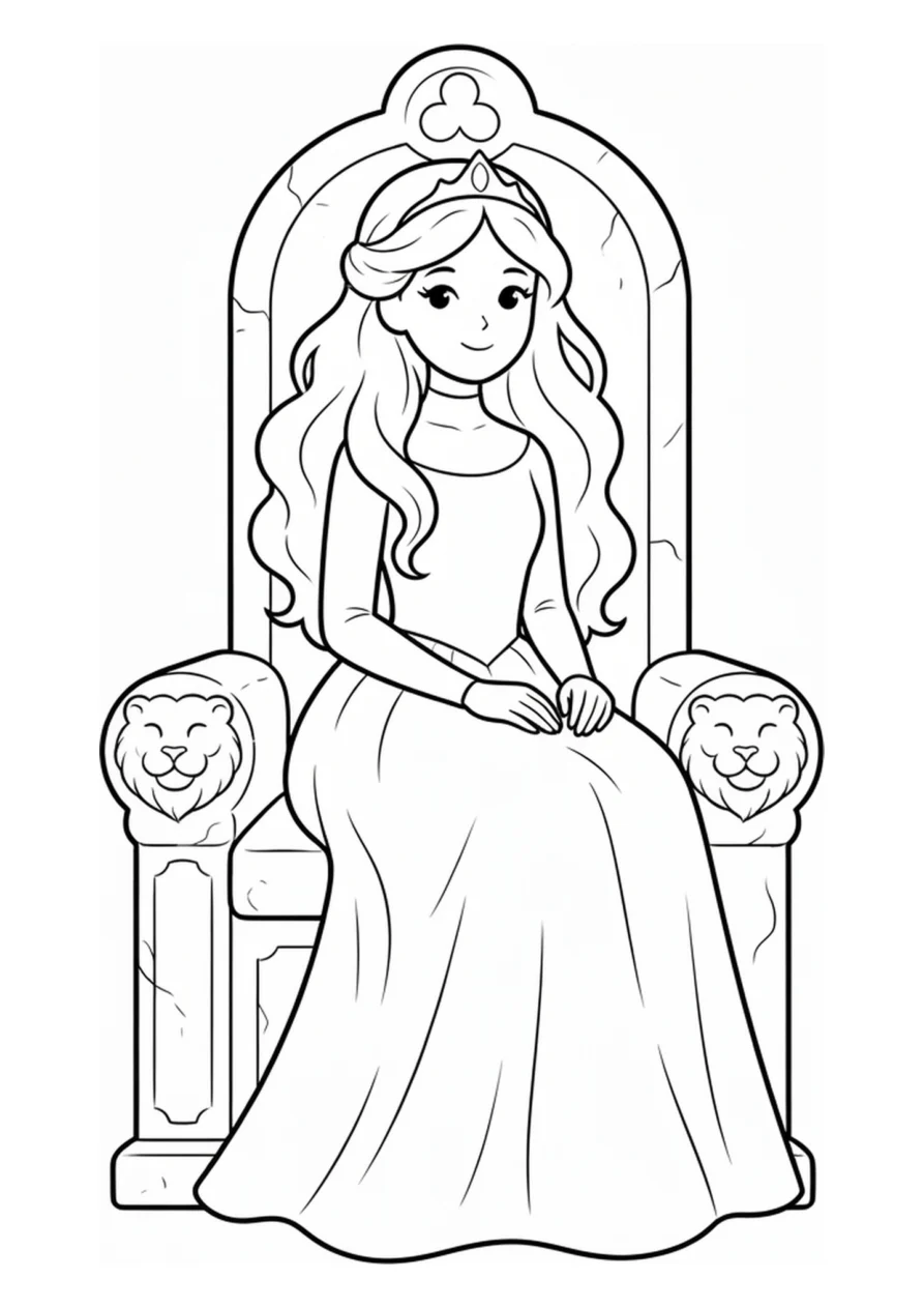 Principessa fantasy e trono reale come disegno da colorare facile.