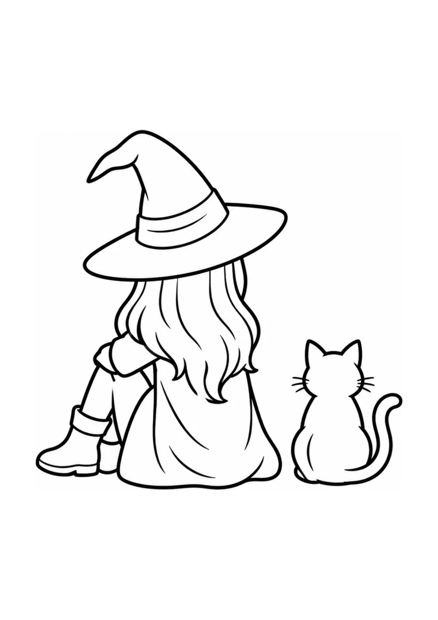 Ruhende Hexe und schwarze Katze als einfaches Ausmalbild.