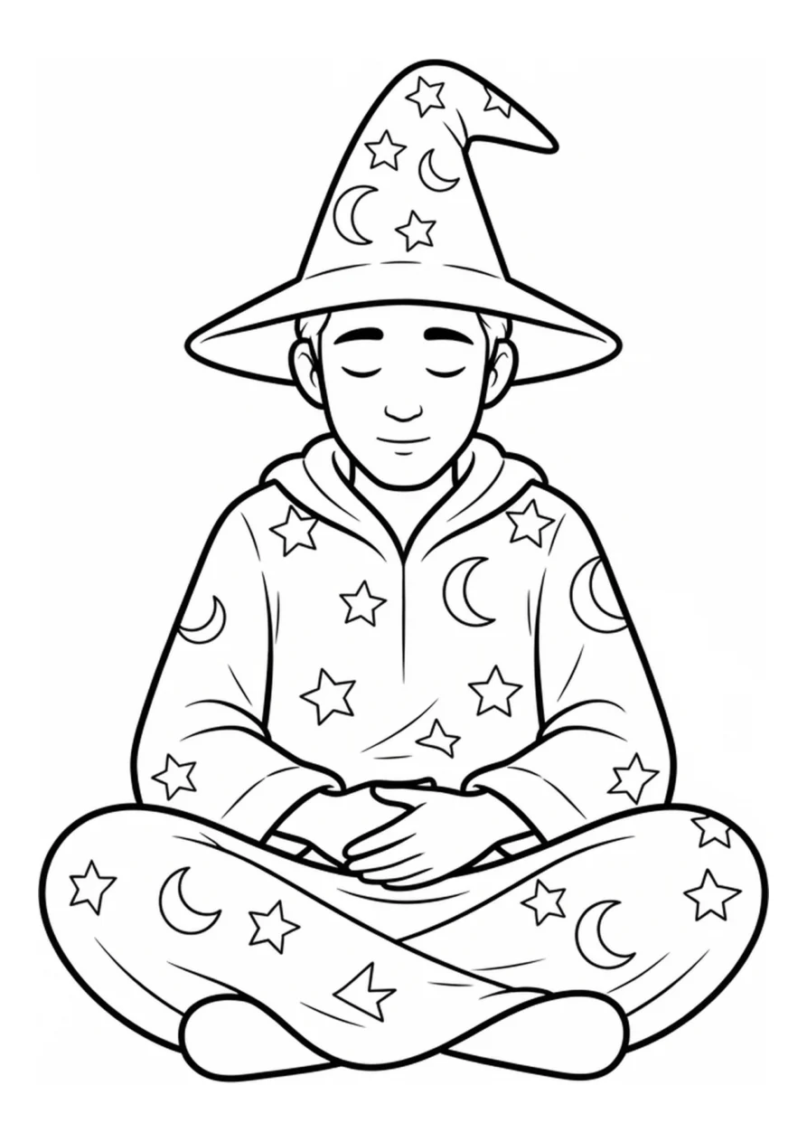 An easy coloring page with one sleeping star-robed wizard.