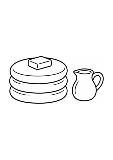 Pfannkuchenstapel und Ahornsirupkrug als einfaches Ausmalbild.