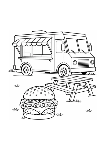 Burger und Imbisswagen und Picknicktisch als mittelschweres Ausmalbild.