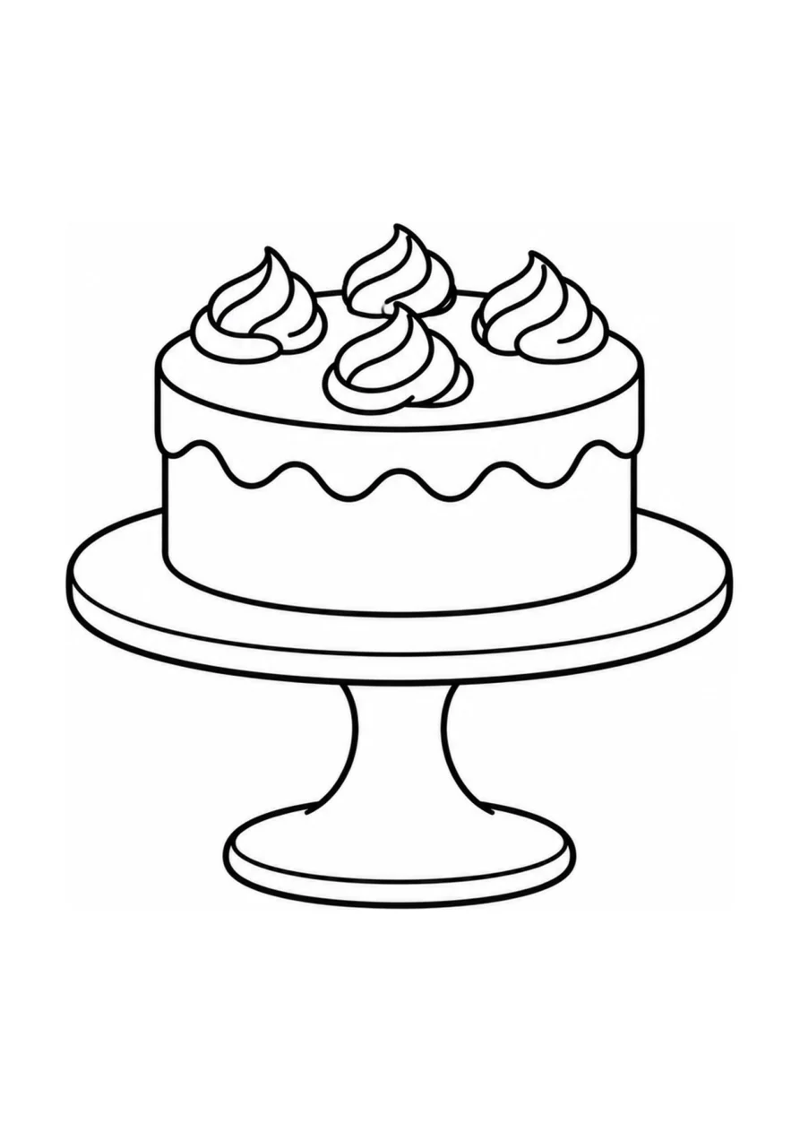 An easy coloring page with one birthday cake and one cake stand.