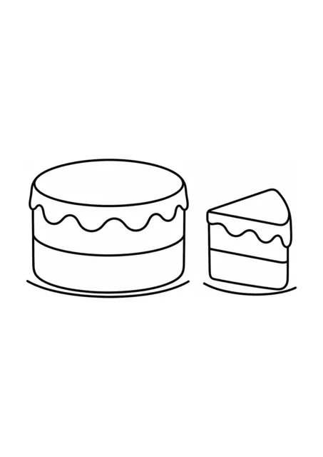Schichtkuchen und Kuchenstück als einfaches Ausmalbild.