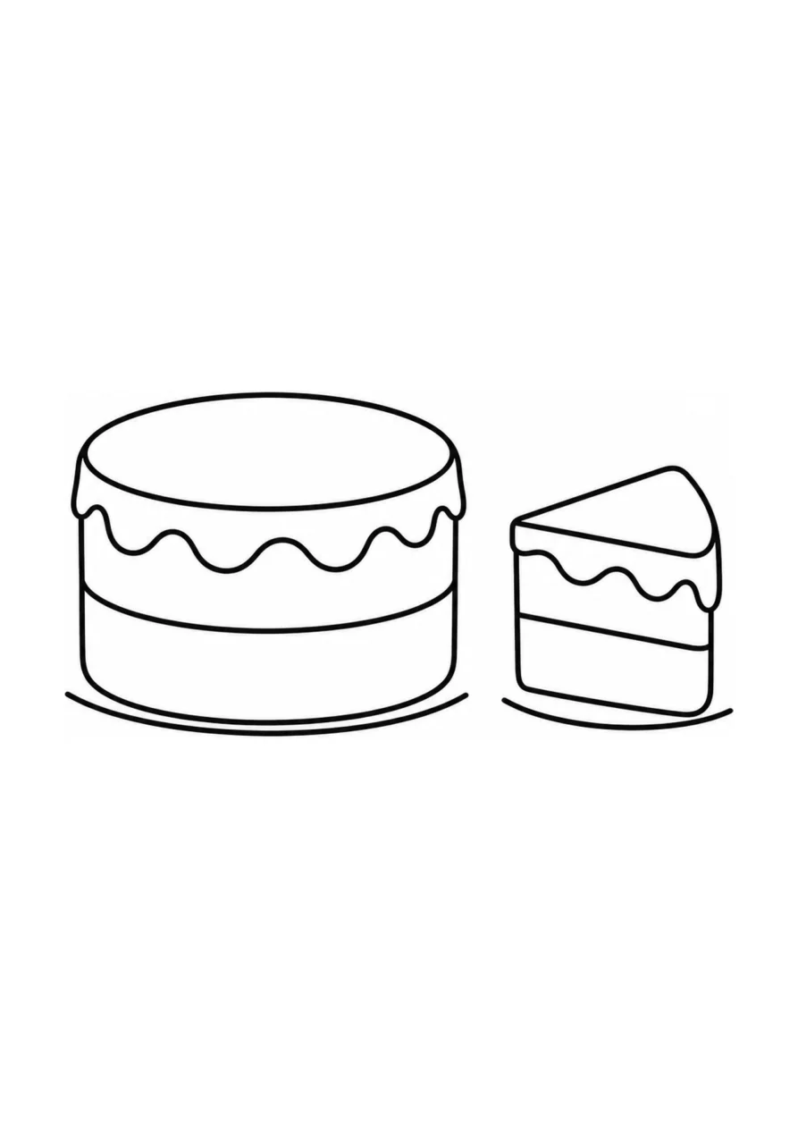 An easy coloring page with one layer cake and one cake slice.