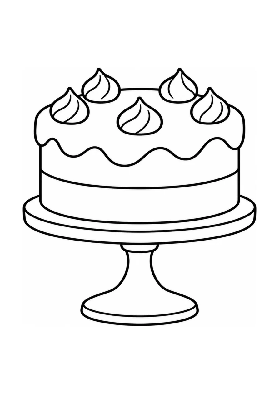 An easy coloring page with one celebration cake and one cake stand.