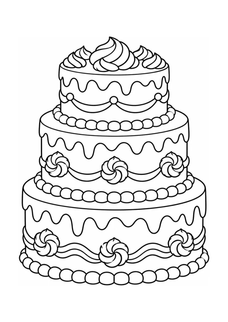 A medium coloring page with one decorated layer cake.