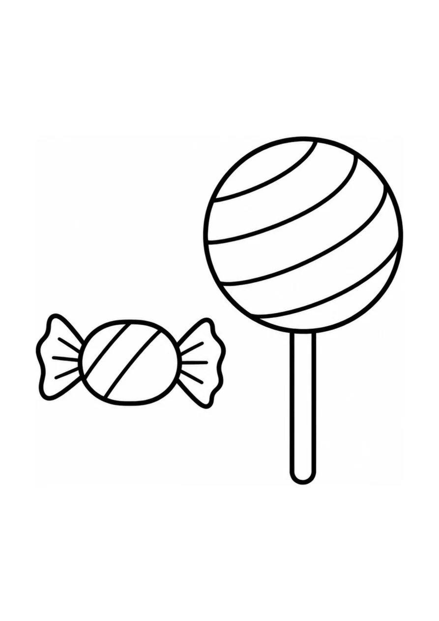 An easy coloring page with one wrapped candy and one striped lollipop.