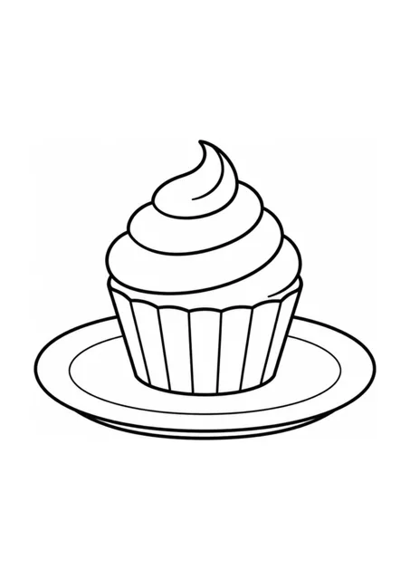 Ein einfaches Ausmalbild mit einem Cupcake und einem Dessertteller.