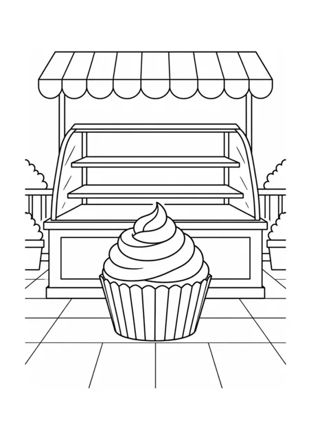 Mittelschweres Ausmalbild mit einem Cupcake mit Zuckerguss und einer Auslagentheke in einer Bäckerei.
