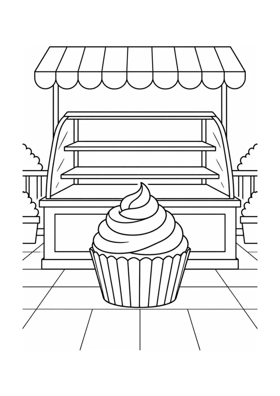 A medium coloring page with one frosted cupcake and one bakery display counter.
