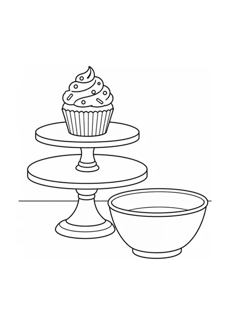 Ein mittelschweres Ausmalbild mit einem Cupcake, einem etagigen Tortenständer und einer Rührschüssel.