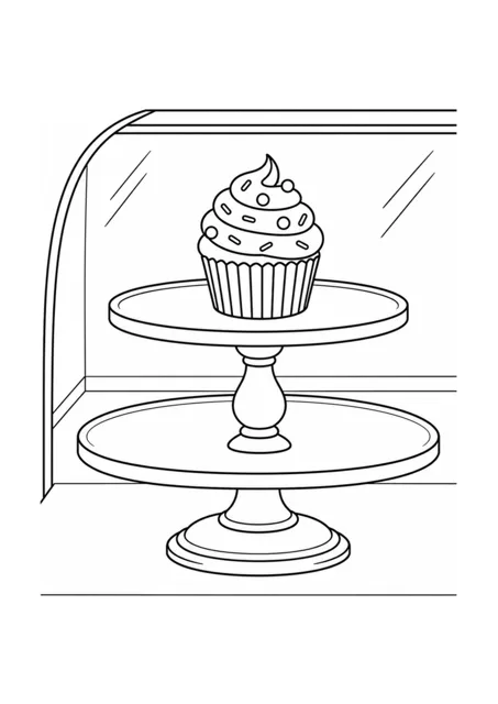 Ein mittelschweres Ausmalbild mit einem dekorierten Cupcake und einer mehrstöckigen Cupcake-Etagere.