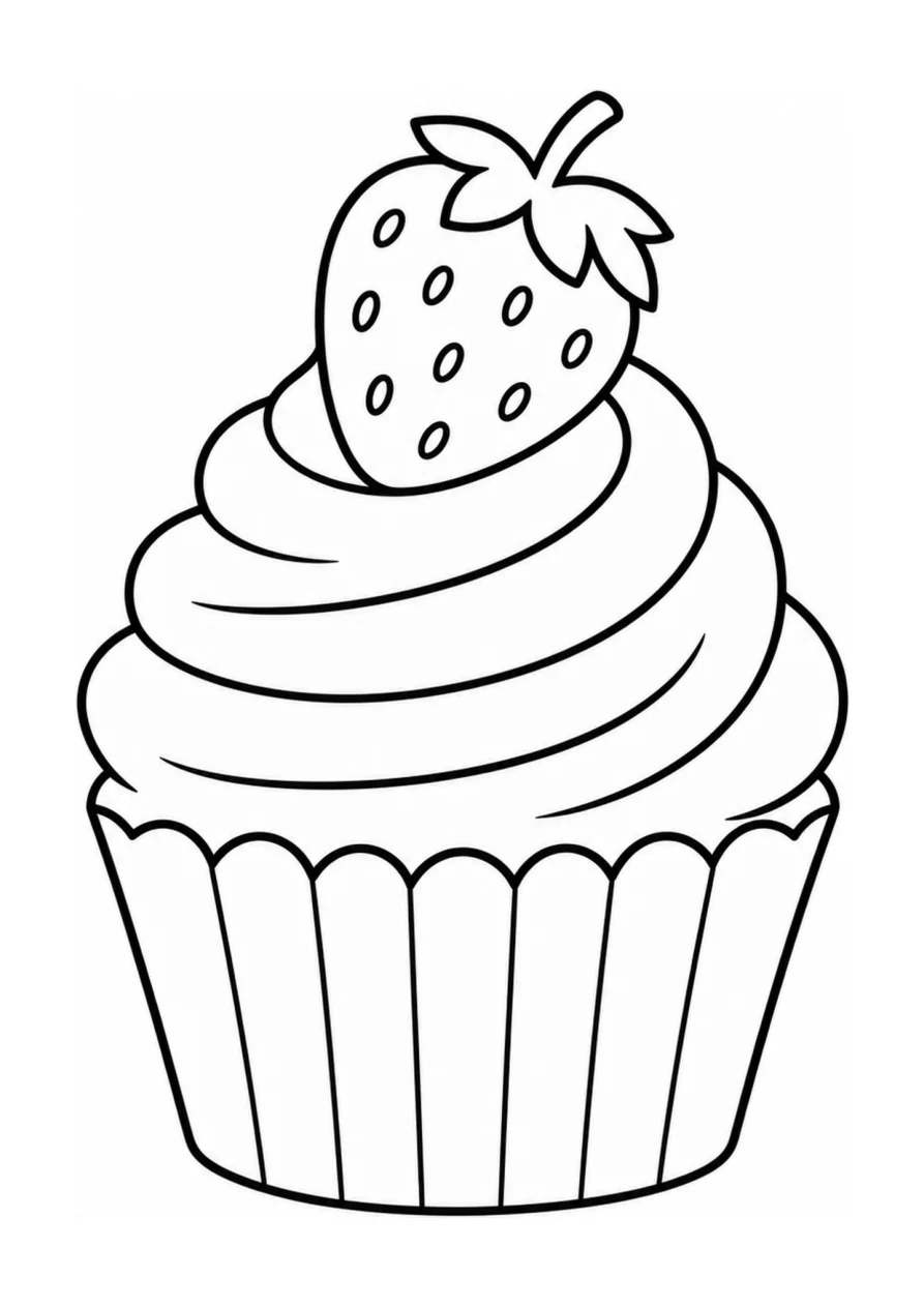 Ein einfaches Ausmalbild mit einem Erdbeer-Cupcake.