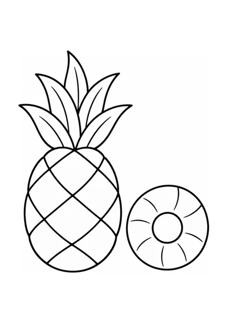 Ganze Ananas und Ananasscheibe als einfaches Ausmalbild.