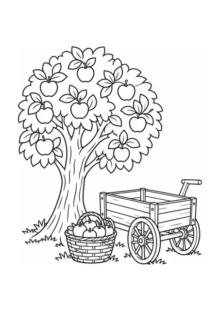 Korb mit Äpfeln und Apfelbaum und Warenkorb aus Holz als mittelschweres Ausmalbild.